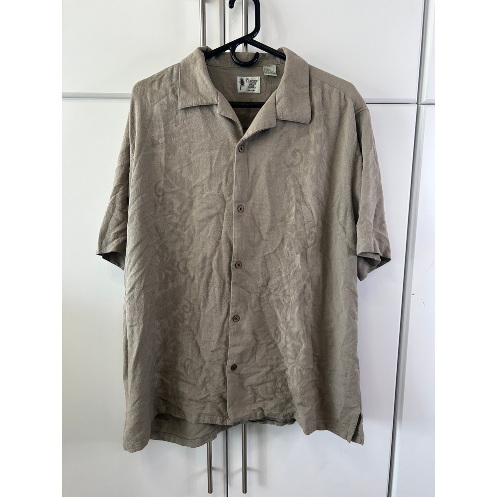 Vintage Silk Circa 1969 Mens XXL Silk Rayon Jacquard Floral Camp Shirt Tan